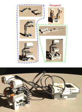 A series of six photographs show how to put LEGO pieces together to assemble the light sensor configuration used in the activity. A larger photograph shows the end result of the Panoptes NXT assembly instructions—the four-sensor assembly connected to the LEGO brick.
