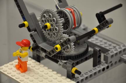 Photo shows the LEGO gears, spool and lever used to turn the gears.