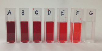 Photograph of a set of 9 standard solutions labeled A-G. 