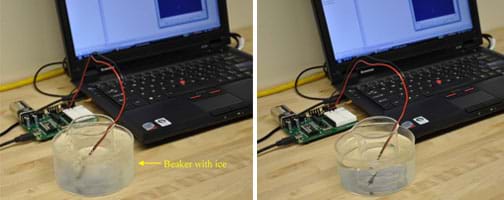 Two similar photos: A temperature probe (connected to the BASIC Stamp 2 microcontroller and a laptop) is placed in a beaker that sits in an ice bath (left) and a hot water bath (right).