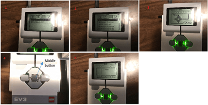 Six photos show the five steps that need to be taken using the orange and grey arrow buttons on the LEGO brick: 1) home screen, 2) view option, 3) select the motor encoder tool in degrees, 4) select servomotor on Port A. 5) angle of servomotor.