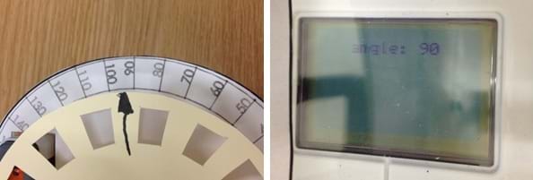 Two photos. To measure angles, the wheel component is turned so that the arrow points to ~ 84 94 degrees. The LEGO brick display screen reads "angle: 90."