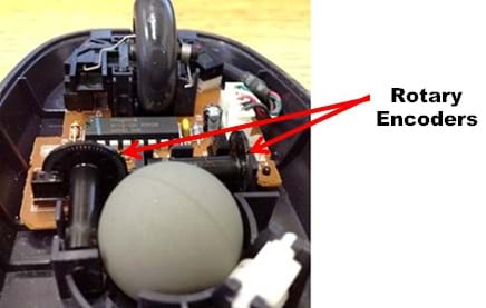 A photo of the inside of a computer ball mouse. The mouse is upside down, and the outside base panel has been removed to show all the parts and mechanisms inside the mouse.  There are two circular disks near the center that are labeled as the rotary encoders.