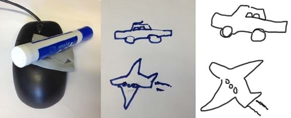 Three photos: A blue dry-erase marker attached to a computer mouse. A drawing of a car and an airplane created by using the marker/mouse. A drawing of a car and an airplane, created using a computer-based drawing program.