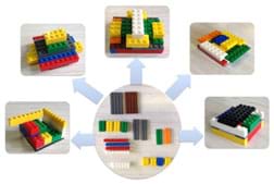 A composite image shows a photograph of a standard set of LEGO pieces given to each student. Arrows from this photo point to five photos, each showing a different way those pieces can be arranged to form model buildings.