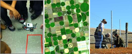 Three photos: A group of students inspect a LEGO robot that is traveling the the taped outline (perimeter) of a rectangle on a linoleum floor. A NASA satellite photo shows a grid of farmland in Kansas with irrigated circular and half-circle areas that are greener than most of the square plots. Five adults work together to install a metal and wire fence in a field.