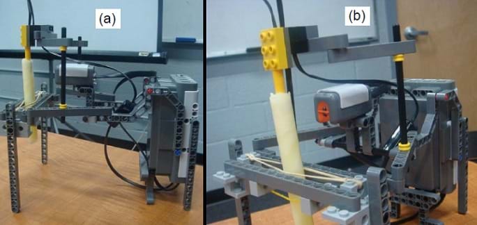 Two photos: Side and front views of a LEGO robot set-up in which a fat sample in a test tube is heated over a Bunsen burner.