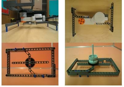 Four photographs show different angles (side, top under and top) of a rectangular structure made from LEGO parts (beams, gear, wheel, axle, servo motor).