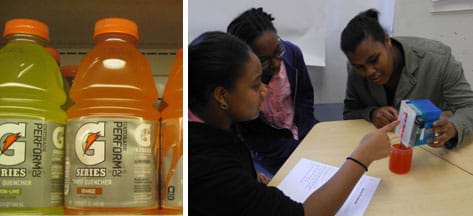 Two photos: Bottles of yellow and orange Gatorade sports drink on a grocery shelf. Three teens at a table watch as one holds a box with LED bulbs over a beaker of reddish liquid. 