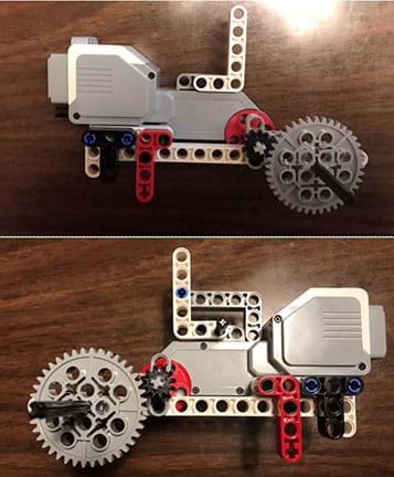 Two photos show opposite sides of a robot large gear output. The larger-toothed gear is connected to the axle.