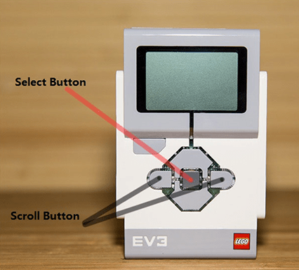 Photo shows a EV3 brick with select and scroll buttons identified.
