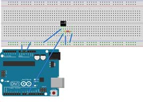 A diagram shows the configuration of the Arduino with a DS18B20 thermal sensor by lines (representing wires) drawn between the microcontroller and a breadboard, showing the sensor and resistor placement.