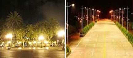 Two photos show examples of city street lighting. The "bad orientation" image shows bright glaring street lights causing alternating areas of high reflection and darkness. The "good orientation" image shows an evenly lighted route with light fixtures on poles directed downward (no bright glares).