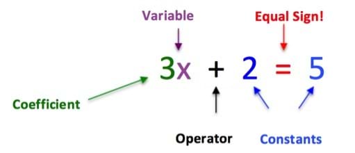 The image shows the equation "3x + 2 = 5", which is labeled and color coded. The "3" is green and labeled in green as a coefficient. The "x" is purple and labeled in purple as a variable. The "+" is black and labeled in black as an operator. The "2" and the "5" are blue and labeled in blue as constants. Lastly, the "=" is red and labeled in red as an equal sign!