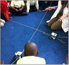 Students and an instructor gather on a blue rug where two robots travel along two yarn lines towards an intersection.