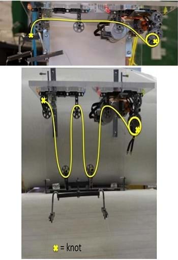 Photos show two configurations of the pulley set-up. Both show 2 NXT motors connected to a reel system, littered with interconnecting gears. Fishing line runs from the reel system through a series of three fixed pulleys (top). The line is then extended down and tethered to a wooden platform. The second configuration (bottom) shows the same set-up with the addition of two movable pulleys, attached to the wood platform.