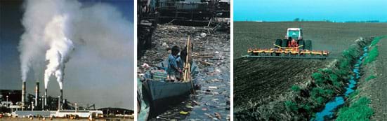 Three photographs show tall power plant towers spewing white clouds of exhaust, two boys floating in a small boat in Minimata Bay in Japan surrounded by water heavily laden with trash and debris, a tractor plowing a field in Iowa next to a small stream with no conservation buffers.