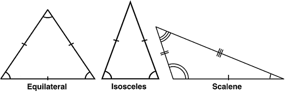 Line drawings of three triangles. The sides of the equilateral triangle are all of equal lengths. Two sides of the isosceles triangle are of equal length. No sides of the scalene triangle are the same length.