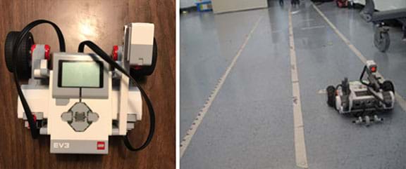 Two photos: An overhead view of a plastic table-top device with wheels, wires and buttons. A view of a linoleum floor with three long stretches of masking tape each marked with different units.