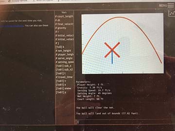 A screenshot of Octave. There is the code where the numbers were modified and the graph after running the code. The graph is a parabola crossing over the net and showing the place the ball fell after the serve.