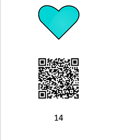 A graphic of a Word document with a teal clipart heart symbol, QR code, and the number 14, all vertically aligned.