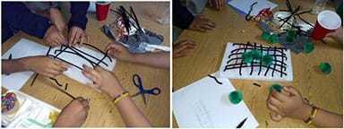 Two images showing students working on their models.