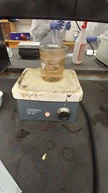 A beaker with red colored water and plant parts is on a hot plate.