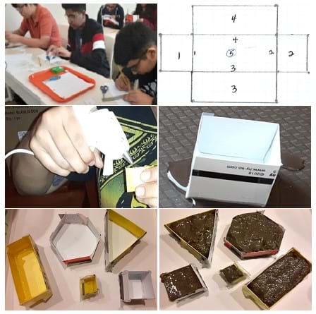 A collage of students working on their prototypes in the classroom. Images including a sketch, a student using a glue gun, molds, and then the final prototypes. 