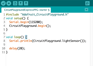 A screenshot shows code on a computer for printing data from a light sensor to the screen.