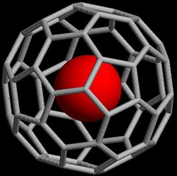 An artistic rendering of a noble-gas atom caged within a C60 molecule.