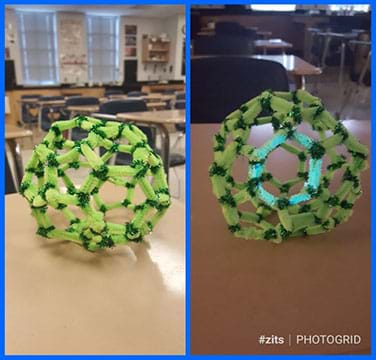 The left panel shows a buckyball made from light and dark green pipe cleaners.  The panel on the right shows the same buckyball with a central hexagon glowing in the darkened room.