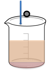 A line drawing shows a clear beaker filled partway with a pinky-brown fluid; a circular object is positioned above the beaker, ready to be dropped into the fluid.