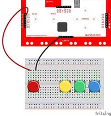 A wiring diagram shows a breadboard with four pushbuttons (red, yellow, green, blue) placed across its gap, and a MaKey MaKey. Two wires connect the red button to the MaKey MaKey: a red wire to D4 and a black wire to earth.