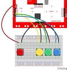 A wiring diagram shows a breadboard with four buttons and MaKey MaKey (same as Figure 5), plus wires that also connect the yellow, green and blue buttons to the MaKey MaKey. The four colored button wires go to D4, D2, D1 and D0, and black wires to earth.