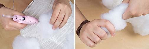 Two photographs: A hand holds a hot glue gun while another hand presses a handful of white polyfil (pillow filling) to a white paper lantern, which is a thin white paper skin over a coiled wire structure. Two hands twist the fibers of a handful of polyfil stuffing before gluing it on the paper lantern structure.