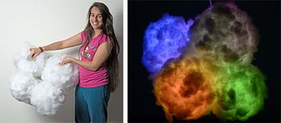 Two photographs: A woman holds a finished cloud light fixture structure, which looks like five white fluffy balls loosely joined together to resemble one large cloud. A glowing multicolored cloud light fixture in a dark room; the cloud is roughly composed of glowing gray, red, blue and green quadrants.