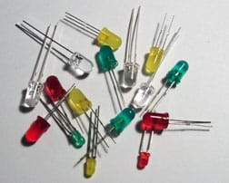 A photograph shows 16 LEDs on a counter—assorted sizes and colors.