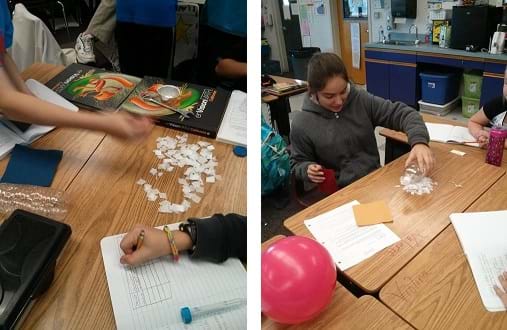 Two photographs show students working at tables actively engaged in the activity, holding objects over paper confetti and writing down data in a table.