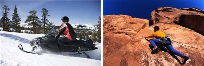 Two photographs: A person drives a snowmobile over packed snow in a wooded area. A rock climber crawls across the stone face of a mountain wearing high-grip climbing shoes.