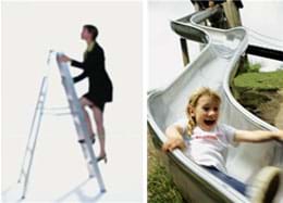 Two photographs: A woman climbs up a ladder. A girl slides down a playground slide.
