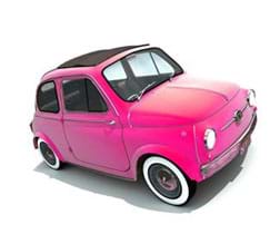 A photograph shows a cute little pink car with a sunroof.
