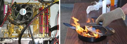 Two photographs: A cooling fan inside the box of a computer processor. A hand protected by an oven mitt puts a lid on a saucepan filled with red flames.