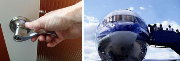 Two photographs. A hand reaches for a modern, stainless steel lever-shaped door knob. A head-on view of a sleek airplane with passengers entering from a stairway on one side.