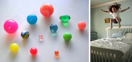 Two photos: (left) 12 plastic balls of varying colors, sizes, shapes and materials. (right) A girl bounces on her bed.