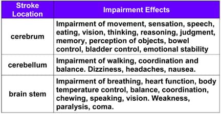 A table lists three stroke locations (cerebrum, cerebellum and brain stem) and example impairment effects for each. For example, for cerebellum: Impairment of walking, coordination and balance; dizziness, headaches, nausea.