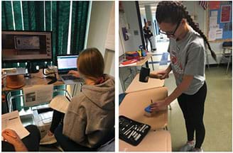 left: Students examine a de-calcified chicken bone sample using a force sensor and a microscopic camera. right: A female student uses a rubber mallet and a punch set to make a cylindrical foam sample. 