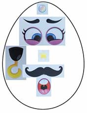 An outline of an Easter egg with the following stickers applied:  round purple eyes, oval mouth, star nose, bubble on top of egg, left hook arm and handlebar mustache.