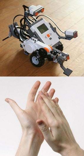 Two photographs: A LEGO MINDSTORMS NXT robot composed of a brick-sized computer and a servomotor, ultrasonic sensor and sound sensor, all on wheels—a small robot of plastic cases, parts, buttons and cables. A photo shows two hands clapping.