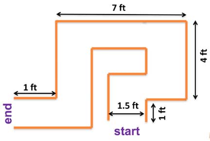 A line drawing shows a 1.5-foot wide maze route that takes up an 8 x 5-foot footprint through five turns (right, left, left, left, right) from start to end.