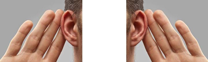 Two identical but inverted photos shows open an open hand placed behind each ear, as if to help direct sound waves into the ears.